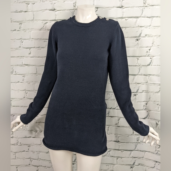 Burberry sweater dark navy blue long crew neck jumper shoulder snaps small fit - Picture 5 of 9